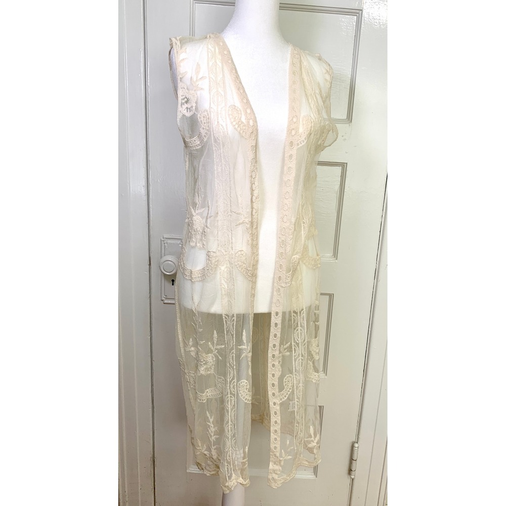 Ivory Floral Embroidered Lace Duster Fairy Mesh Longline Bohemian Festival SZ S